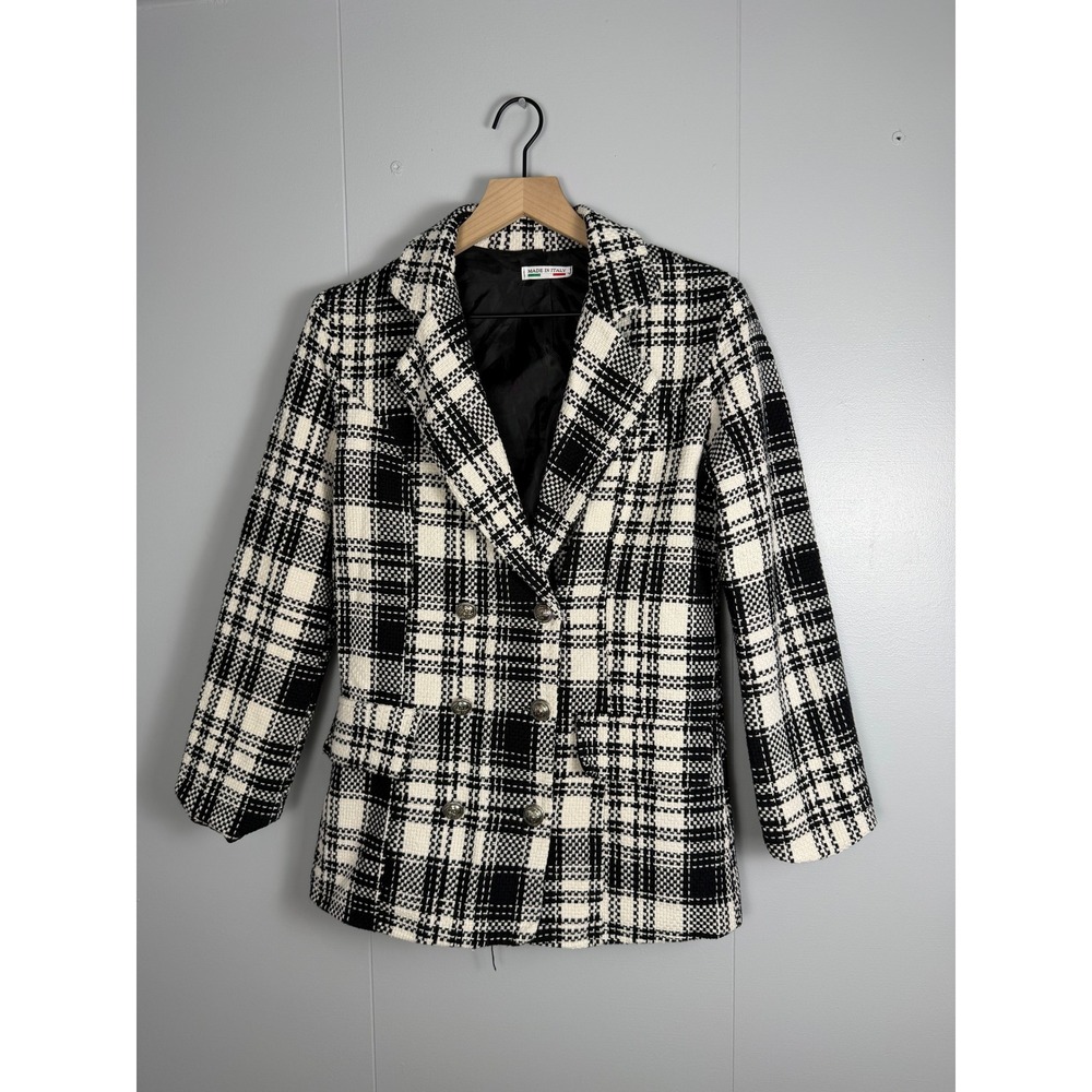 Italian Blazer Preppy Dark Academia Women M Black White Plaid Double Breasted